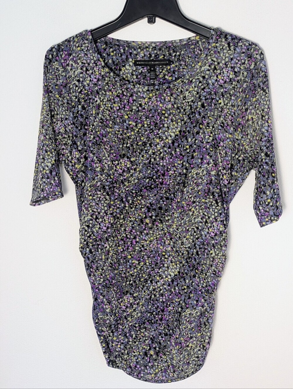 White House Black Market Multi Polka Dot Meshed Ruched Short Sleeve Blouse Sz M
